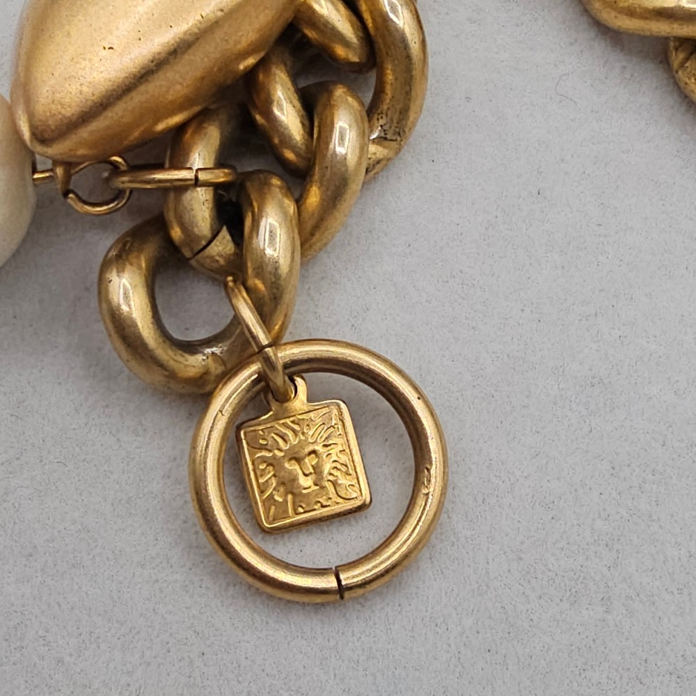 Anne Klein Puffy Heart Charm Bracelet Faux Pearl Chunky Gold Tone Chain 6.5in. - Picture 4 of 13